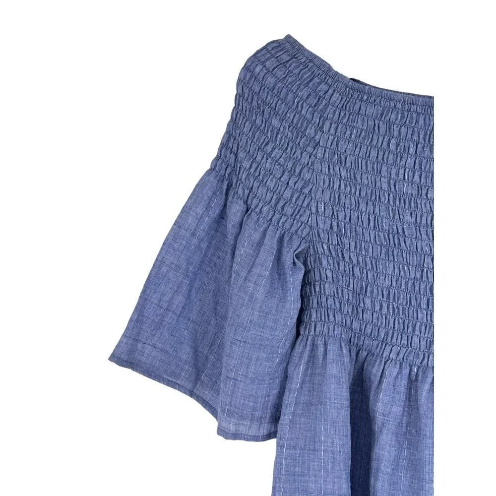 Liverpool Off The Shoulder Top Blue Chambray Smocked Short Sleeve Small Casual - Picture 7 of 16